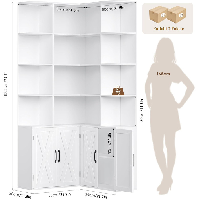 Кутова книжкова шафа FirFurd 187 см з дверцятами, 12 відділень, L-подібна дерев&39яна вітрина, висока шафа, полиця з дверцятами для вітальні, кабінету, офісу, кухні, 187 x 80 x 80 см, білий