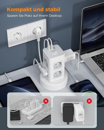 Розетка TESSAN на кілька штепсельних розеток з USB, розетка на 8 відділень з висувним подовжувачем, розетка на кілька штепсельних