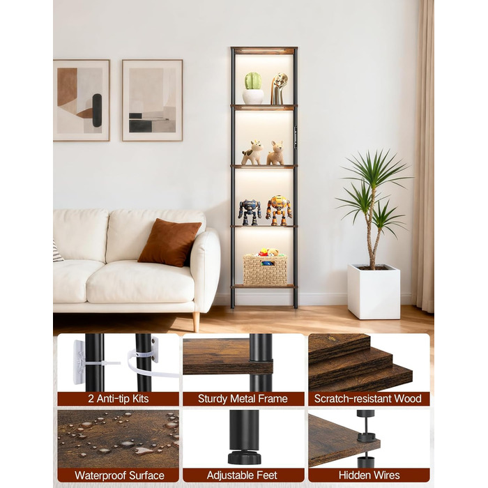 Торшер з полицею, світлодіодний світильник з регульованою яскравістю, 3 колірні температури, сенсорне та дистанційне керування, книжкова полиця з підсвічуванням, дерев&39яна окремостояча полиця, сучасний дизайн для вітальні, спальні, офісу (колір рустик-к