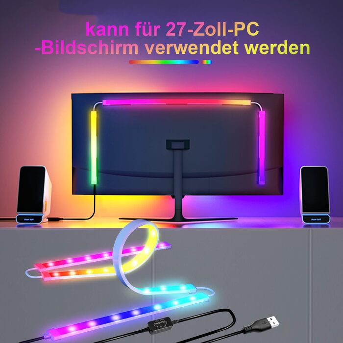 Неонова світлодіодна стрічка RGBIC Світлодіодна стрічка 111 см, підсвічування ПК, світлодіодне освітлення USB з керуванням програмою, (для 27-дюймового монітора ПК, 2 упаковки)