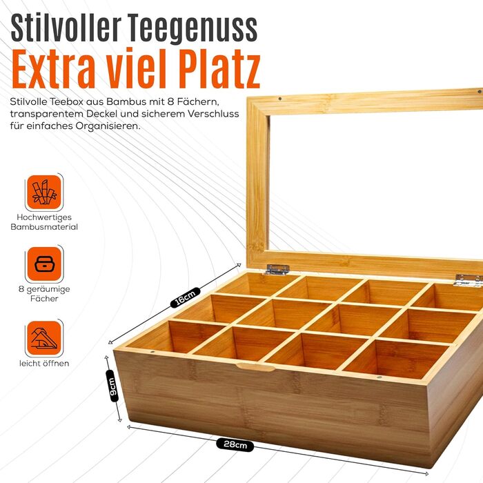 Бамбукова чайна коробка AH з 12 відділеннями коробка для зберігання чайних пакетиків з оглядовим віконцем та магнітною застібкою, ВШ 9 x 29 x 24 см, натуральний колір