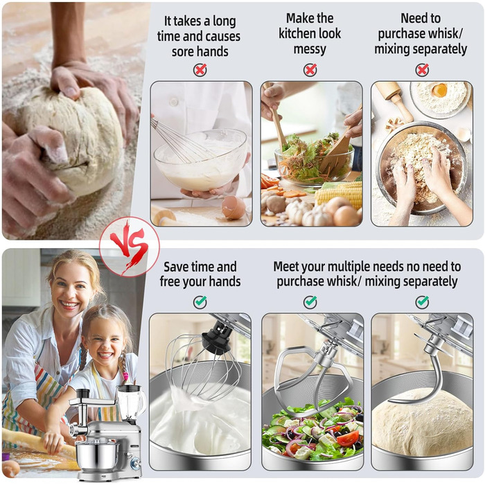 Кухонний комбайн Homlee 3 в 1 Багатофункціональна тістомісильна машина 1800 Вт 6-рівневий блендер, з м'ясорубкою, соковижималкою 1,5 л, чашею з нержавіючої сталі 5,5 л Тістоміс чорний