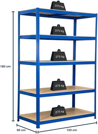 Засоби безпеки SCHMIDT Міцний стелаж 180x120x60 см Безригельний стелаж 275 кг на полицю Вантажопідйомність стелажів для зберігання 1375 кг 180 x 120 x 60 см В x Ш x Г