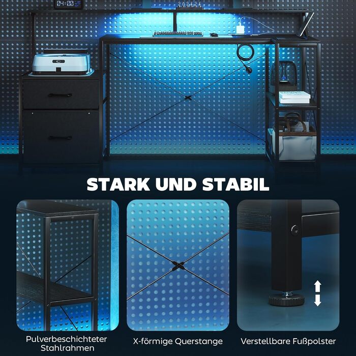 Ігровий стіл HOMCOM, L-подібний, 165 x 80 см, зі світлодіодним освітленням та розетками, комп&39ютерний стіл з підставкою для двох моніторів, 2 шухляди, відділення для зберігання, для домашнього офісу, ігор, навчання, чорний колір дерева