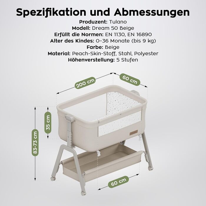 Дитяче ліжечко TULANO Dream 50 3-в-1 з колесами - Дитяче ліжко - Дорожнє ліжечко з матрацом - Регульована висота - Відкидна спальна поверхня - З москітною сіткою та кошиком для зберігання - Бежевий