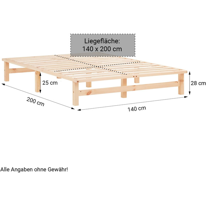 Ліжко з дерев&39яних піддонів Homestyle4u 140x200 з рейковою основою, каркас ліжка з натурального дерева, каркас ліжка, масив сосни, необроблений, 140 x 200 см, натуральний колір