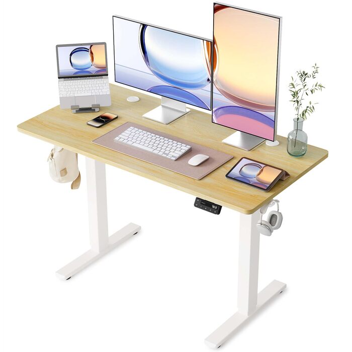 Письмовий стіл з регульованою висотою 120x60 см, Електричне регулювання висоти стіл, Стіл з регульованою висотою для роботи стоячи з функцією пам&39яті, Каркас натурального білого кольору/Стільниця натурального кольору 120 x 60 см