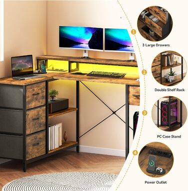 Г-подібний письмовий стіл DWVO, 140x100x85 см, двосторонній кутовий стіл з 4 шухлядами та полицею для монітора, Г-подібний стіл з 2 USB-портами для зарядки та 2 розетками для домашнього офісу, коричневий, чорний, білий (коричневий)