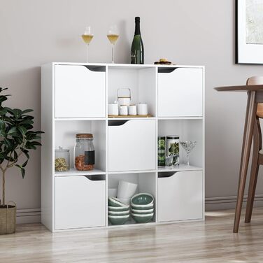 Книжкова полиця FirFurd, біла полиця, книжкова шафа з 5 дверцятами та 9 відділеннями, полиця для зберігання, офісна полиця для вітальні/кабінету, 90 x 29 x 90 см