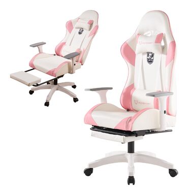 Ергономічне ігрове крісло, комп&39ютерне крісло з педалями - регульоване по висоті, обертове крісло з підголівником та поперековою опорою, нахил 155 (рожеве)