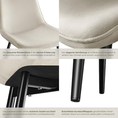 Стільці для обіду tectake, комплект з 2 шт., м&39яке крісло, кухонне крісло, крісло для вітальні, крісло для туалетного столика, ергономічне крісло з оксамитовою спинкою та сидінням, чорні металеві ніжки - кремові, комплект з 2 шт.