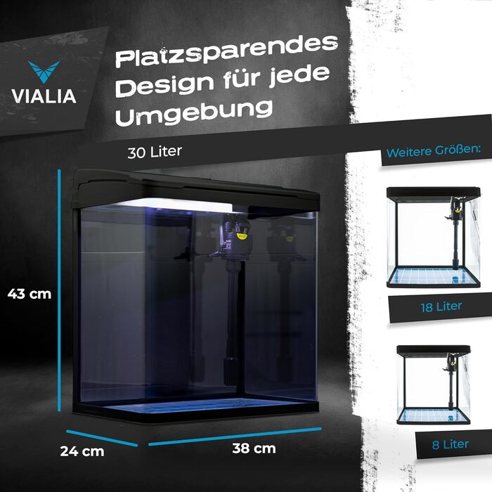 Комплектація акваріума VIALIA зі світлодіодним освітленням, помпою та фільтром, 38x24x43 см, 30 літрів, чорний, скляний резервуар для риб та водних рослин 30 літрів чорний