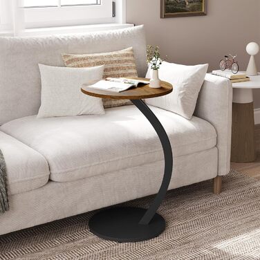 Журнальний столик WOLTU C-подібної форми, круглий журнальний столик, столик для дивана, маленький столик для дивана, ліжка, з металевим каркасом та стільницею з МДФ, індустріальний стиль, 40 x В 65 см, вінтажний вигляд дерева, BTS21hov