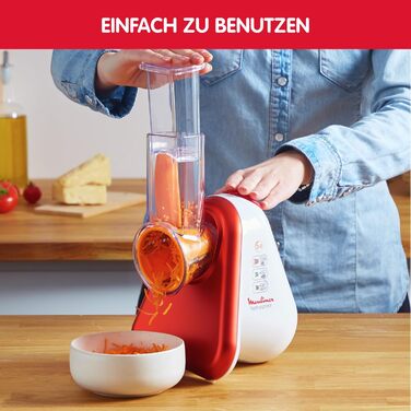Електрична овочерізка Moulinex Fresh Express 3-в-1, 150 Вт, 3 насадки (дрібна тертка, шинкувач, тертка для сиру), Made in France, червоний/білий, DJ7535