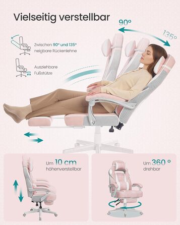 Ігрове крісло SONGMICS, офісне крісло з підставкою для ніг, робоче крісло з підголівником та поперековою подушкою, регульована висота, ергономічне, вантажопідйомність до 150 кг, пастельно-рожевий OBG073P01 пастельно-рожевий кремово-білий