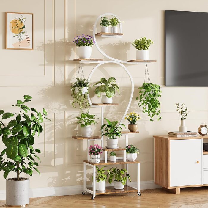 Підставка для рослин HAUSPROFI 190 см з лампою для вирощування - 9-ярусна металева та дерев&39яна підставка для квітів, полиця для рослин, квіткові драбини для приміщень та вулиці, декоративна полиця для саду, біла