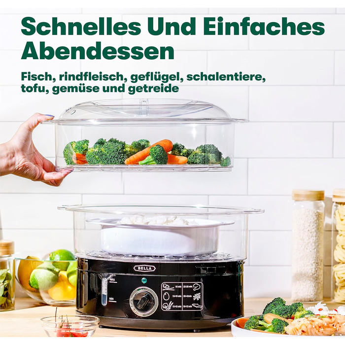 Дворівнева пароварка BELLA зі штабельованими кошиками та знімною основою для швидкого одночасного приготування їжі автоматичне вимкнення та захист від википання, 7 л, чорна дворівнева пароварка чорна