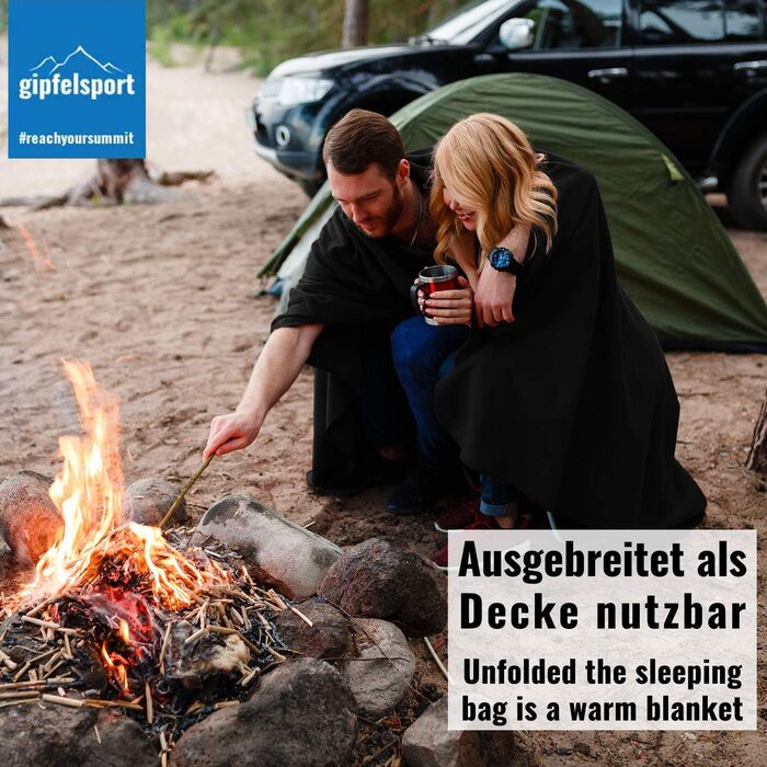 Ковдра з мікрофібри флісу Gipfelsport з функцією спального мішка Розмір 185 x 150 см, приблизно 690 г Ковдра з мікрофібри для кемпінгу, спальний мішок Легка, маленька, прямокутна, чорна
