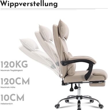 Ергономічне офісне крісло з подвійною поперековою опорою - Геймерське крісло та крісло для керівника 150 кг - Обертове крісло з регульованою висотою, виготовлене з штучної шкіри (бежевий)