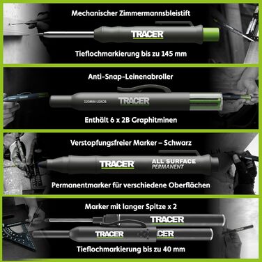 Набір будівельних маркерів Tracer з 5 предметів у футлярі для зберігання столярний олівець, 2 маркери з довгим наконечником, маркер, що не засмічується, та дозатор для змінних картриджів.