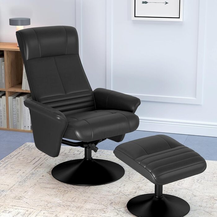 Крісло-реклайнер HOMCOM з підніжкою, поворотне на 360 крісло для телевізора з функцією відкидання, м&39яке крісло для телевізора з мікрофібровим ефектом для вітальні, чорний, чорна тканина з мікрофібри (100 поліестер)