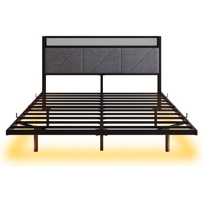 Ліжко-платформа 120 x 200 см з LED-підсвічуванням та USB-зарядною станцією, металевий каркас ліжка-платформи з м&39яким узголів&39ям для зберігання речей, міцні металеві ламелі, безшумне/темно-сірий колір