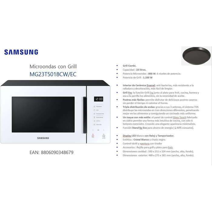 Мікрохвильова піч з грилем, 23 л, 800 Вт, керамічна, емальована, гриль для смаження та підставки Eco, біла 23 л 800 Вт Білий, 23T5018CW