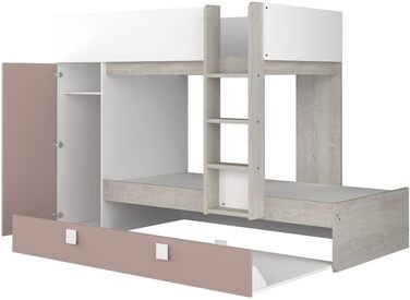 Двох'ярусне ліжко для двох дітей з висувним ліжком і шафою Колір білий потертий і античний рожевий