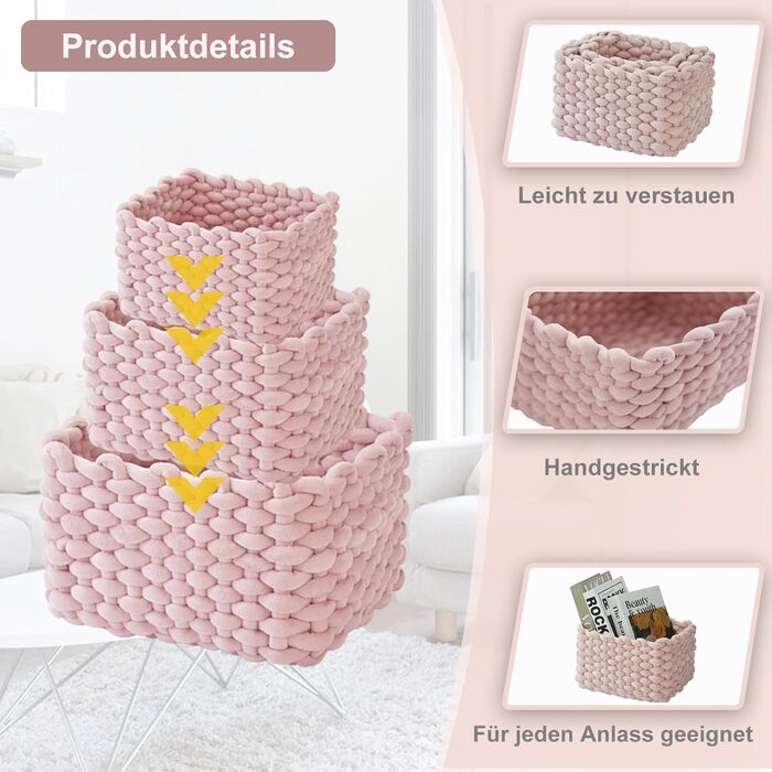 Бавовняний кошик для зберігання, набір з 3 шт. - Плетений кошик-органайзер для шафи, ванної кімнати, кухні - Зберігання для дрібних побутових речей (світло-рожевий)