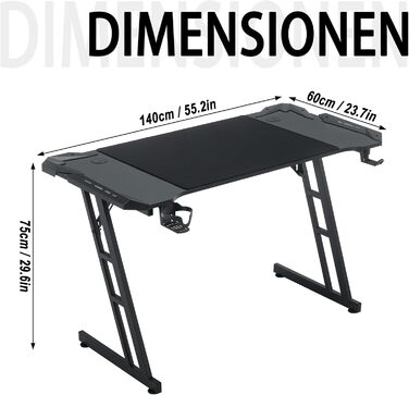 Ігровий стіл 140 x 60 см зі світлодіодним підсвічуванням Міцний ігровий стіл з підсклянником, організатором кабелів та карбоновою поверхнею, великий комп&39ютерний стіл для ПК та офісу, чорний 140 x 60 см зі світлодіодним підсвічуванням