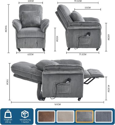 Моторне електричне крісло-реклайнер, крісло для телевізора з функцією відкидання, крісло для телевізора у вітальні з колесами, регульована спинка та підставка для ніг, 2 бічні кишені, вельветовий диван, світло-сірий, 2-