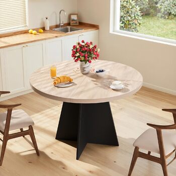 Круглий кухонний стіл MSFE 100 см, круглий дерев&39яний обідній стіл для 4 осіб, обідній стіл у ретро-індустріальному стилі з чорною стійкою хрестоподібною дерев&39яною основою для їдальні, кухні, вітальні, 100*100*75 см