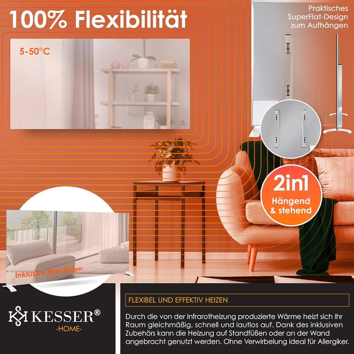 Інфрачервоний обігрівач KESSER потужністю 600 Вт для дзеркал, енергозберігаючий електричний обігрівач 2-в-1, окремостоячий та настінний, з датчиком відкритого вікна дистанційним керуванням та керуванням через додаток, термостат, інфрачервона нагрівальна п