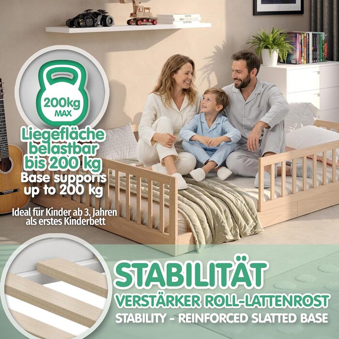 Дитяче ліжко CADANI Timi 140x200 см, підлогове ліжко, знімні захисні поручні, вантажопідйомність до 200 кг, висувна рейкова основа, ліжко Монтессорі з масиву сосни, 3 варіанти складання, трансформоване, натуральний колір 140 x 200 см