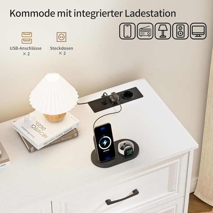 Комод з розетками, комод з 6 шухлядами, 2 USB та 2 розетки змінного струму, дерев&39яний комод, для спальні, вітальні, коридору, 106 x 81,5 x 39 см, білий