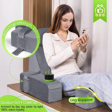 Подушка для читання для дорослих - спинка ліжка зі знімними підлокітниками, підсклянником та підсклянником для телефону - спинка подушки для комфортного сидіння в ліжку (СІРА, 53 см) Сіра 53 см