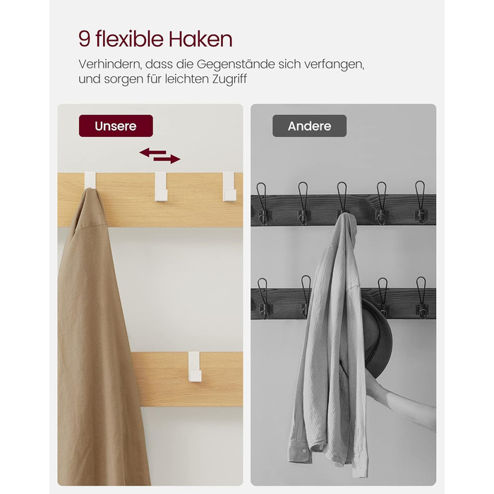 Вішалка для одягу, шафа з гачками, вішалка для одягу з дзеркалом, лавка для взуття та полиці, 36 x 98 x 185 см, для передпокою, спальні, вітальні, дубово-білий HSR050W09 Дуб біла полиця для взуття