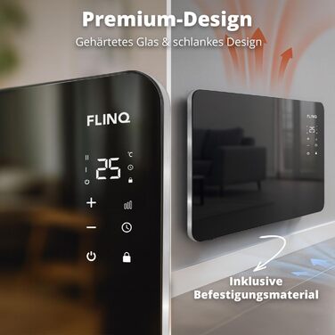 Розумний конвектор FlinQ 2000 Вт - Скляний конвектор, керування за допомогою застосунку - Обігріває до 60 м - Портативний електричний обігрівач - 96 x 46 x 13 см - Чорний