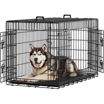 Клітка для собак Feandrea, складна, з 2 дверцятами, висувний пластиковий лоток, 122 x 74,5 x 80,5 см, XXL, чорна PPD48H
