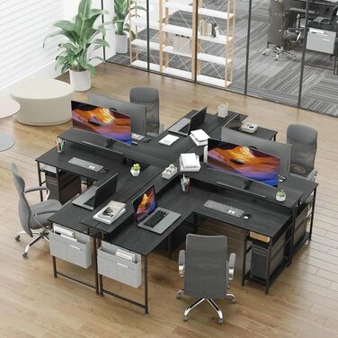 Г-подібний ігровий стіл зі світлодіодним освітленням та розетками, кутовий стіл 140x140 см, двосторонній комп&39ютерний стіл з полицею для монітора, 4 полиці та бічні кишені для домашнього офісу та офісу, чорний, 140x140x85 см