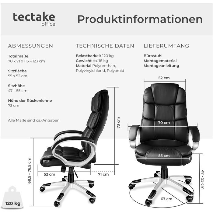 Крісло керівника tectake, офісне крісло з підкладкою 12 см, робоче крісло з підлокітниками та функцією гойдання, ергономічне офісне крісло, регульоване по висоті, ПК-крісло, обертове крісло з колесами, під шкіру - чорне