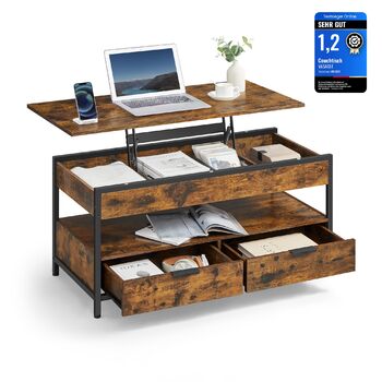 Журнальний столик VASAGLE, стіл для вітальні з регульованою висотою, журнальний столик, з шухлядами, відкритий відсік, 50 x 100 см, вінтажний коричневий-чорний LCT209K01 50 см x 100 см Вінтажний коричневий чорнильний