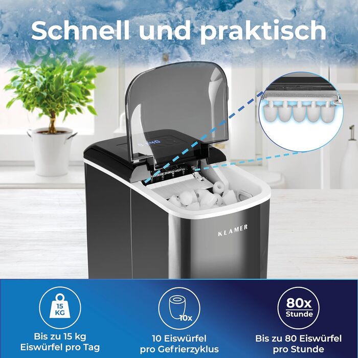 Машина для приготування кубиків льоду KLAMER (2024), 10 кубиків льоду за 7-9 хвилин, 15 кг кубиків льоду на день, 2 розміри кубиків льоду, резервуар для води 2,1 л, льодогенератор 120 Вт з таймером, тихий льодогенератор з лопатою для льоду Black