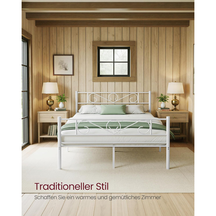 Ліжко VASAGLE 140 x 200 см, Гостьове ліжко, Двоспальне ліжко з металу, Каркас ліжка, Каркас ліжка, Металеве ліжко, Легке складання, Матовий білий RMB064WG01 140 x 200 см Матовий білий