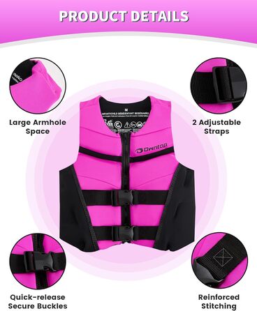Рятувальний жилет Owntop для підлітків та дітей Легкий неопреновий рятувальний жилет Регульований рятувальний жилет з подвійними пряжками безпеки для плавання, каякінгу, веслування та риболовлі, рожевий M (30-40 кг)