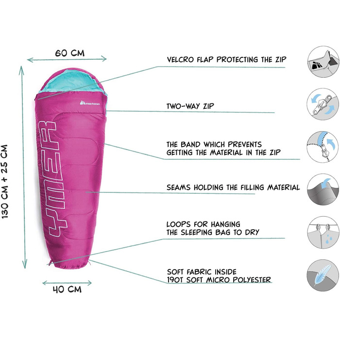 Дитячий спальний мішок meteor Ymer Ultralight Температурний діапазон від -5C до 11C Зручний спальний мішок для дітей 15550 см з мякою внутрішньою підкладкою Матусин спальний мішок для ночівлі в дитячому садку кольору фуксії / мяти