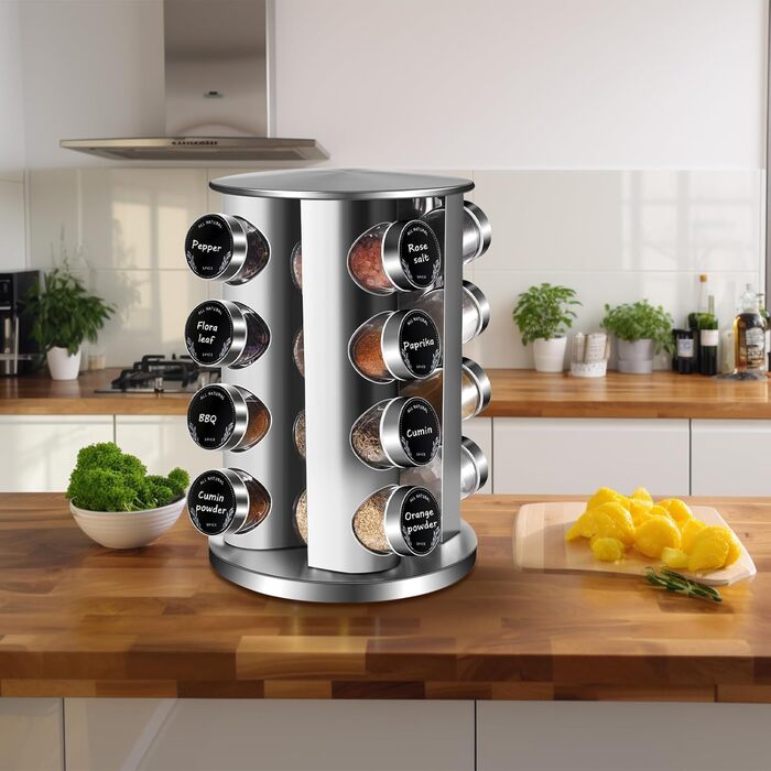Кругла підставка для спецій Miorkly з 16 круглими банками для спецій, карусель для спецій з нержавіючої сталі, що обертається на 360, органайзер для спецій, стійка для спецій, контейнери для спецій зі вставкою-шейкером, банки для спецій, ярлики, лійка, ма