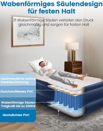 Самонадувальний надувний матрац, надувне ліжко для 1 особи, герметичне самонадувальне надувне ліжко з вбудованим насосом за 2 хвилини, надувний матрац для дому та гостьового ліжка 190x99x46 см, одномісний