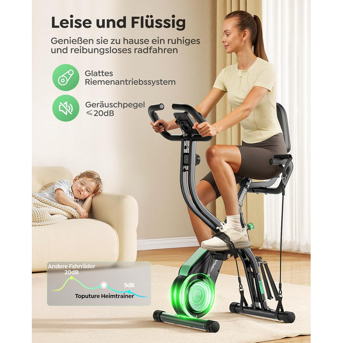 Новий складаний велотренажер Toputure із застосунком, ергометр 5-в-1 з тросами опору для рук і ніг, 16 магнітних рівнів опору, домашній тренажер до 140 кг, ультратихий зелений