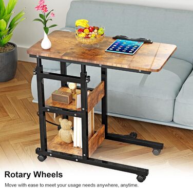 Журнальний столик на колесах, 80 см x 40 см, столик для ноутбука з розеткою та портом USB-C, регульована висота, дерев&39яний стіл, журнальний столик, тумбочка, спальня, вітальня, вінтажний вигляд дерева, колір вінтажного дерева